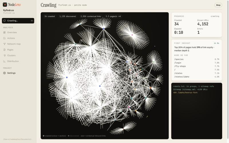 NodeLens early in a crawl: link clusters forming around hub pages, with the first insight and top hubs listed